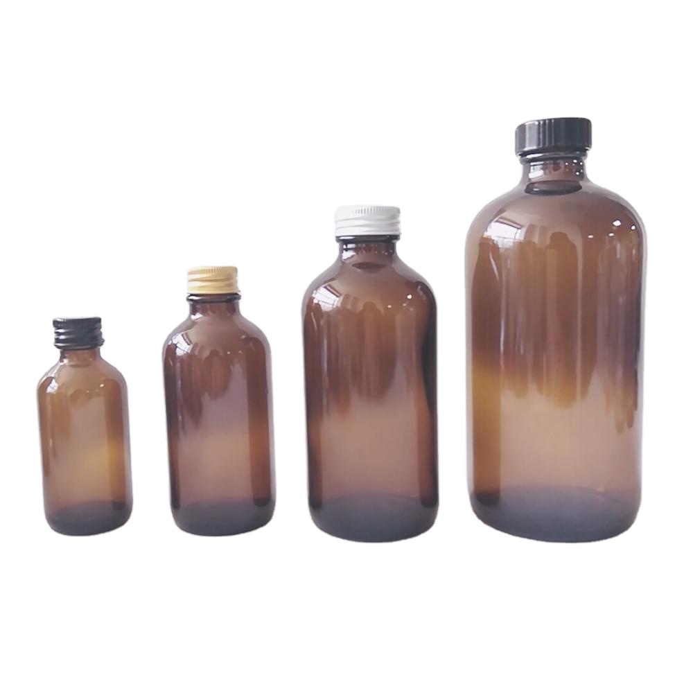 0.5oz 1oz 2oz 4oz 8oz 16oz 32oz Amber Boston Round Glass Bottle with plastic aluminum metal Cap