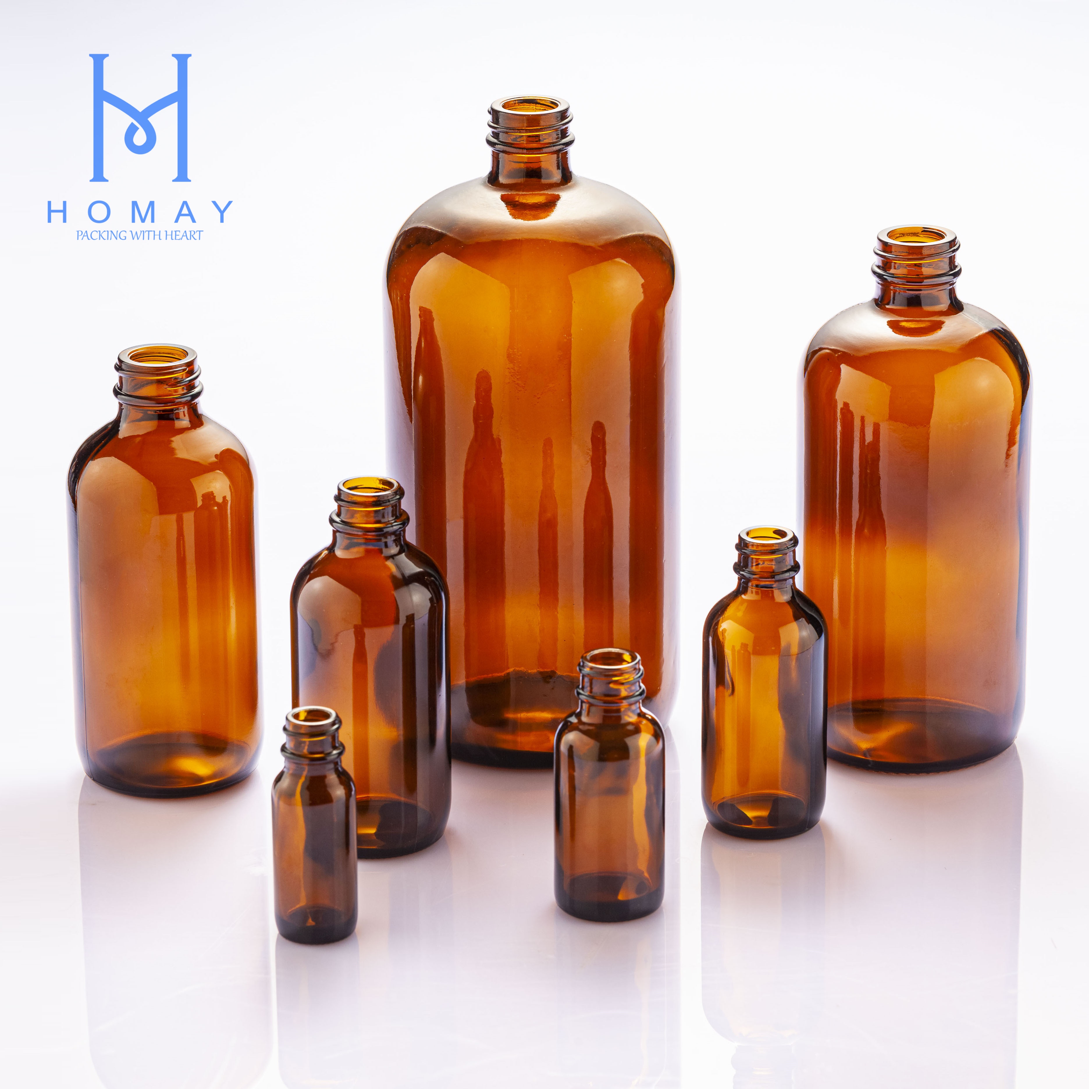 0.5oz 1oz 2oz 4oz 8oz 16oz 32oz Amber boston round glass amber essential oil glass bottle GPI Finish with various accessories