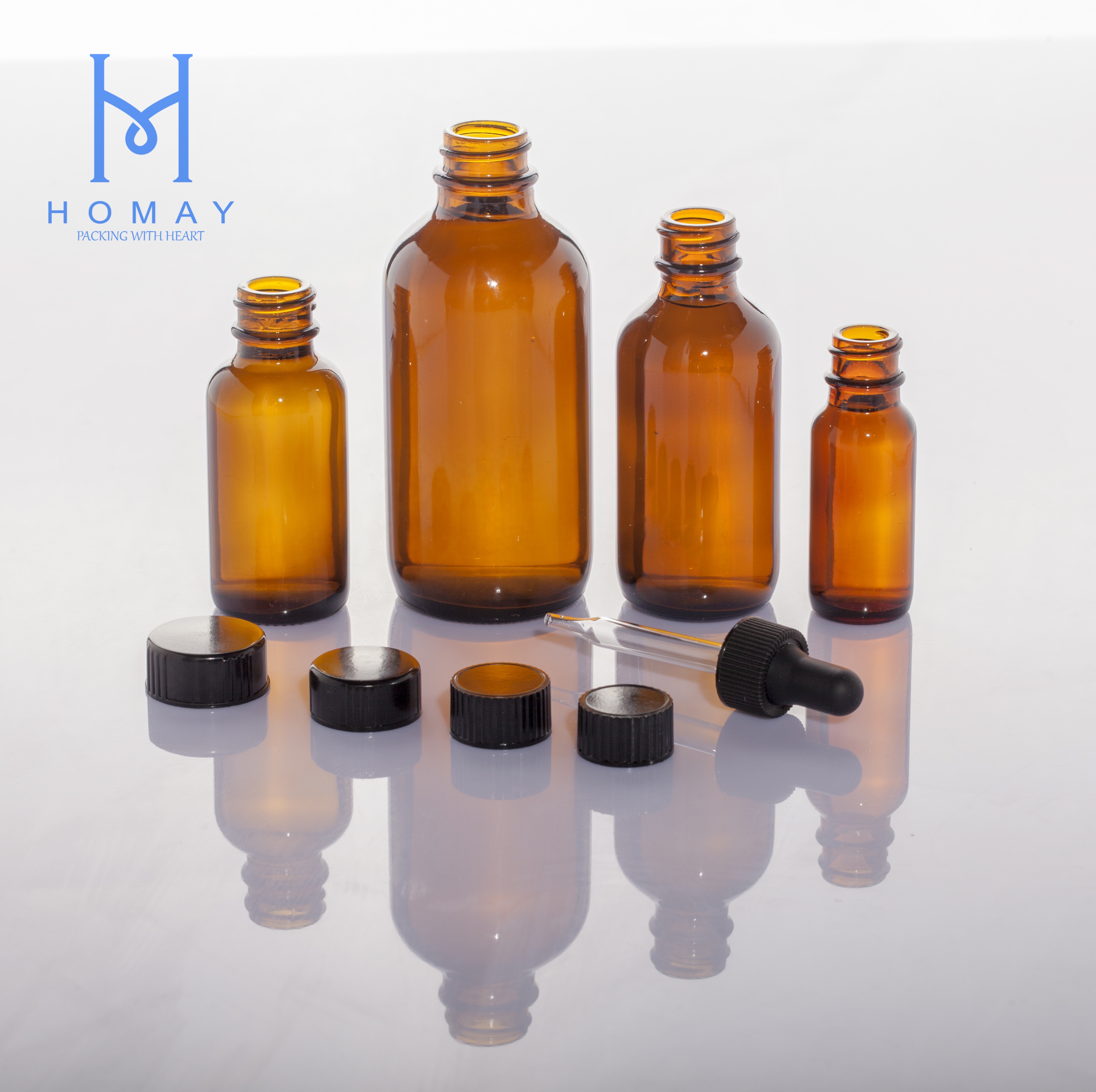 0.5oz 1oz 2oz 4oz 8oz 16oz 32oz Amber boston round glass amber essential oil glass bottle GPI Finish with various accessories