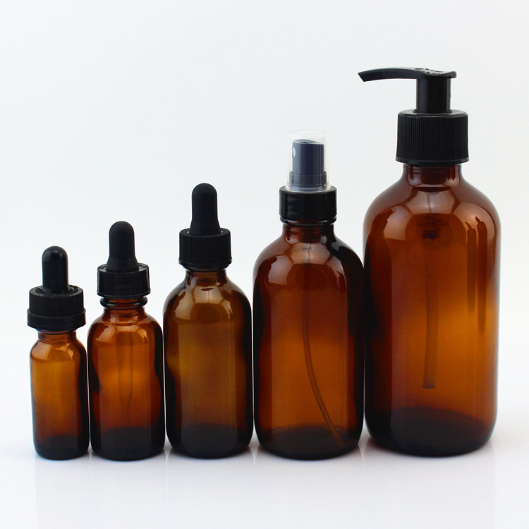 0.5oz 1oz 2oz 4oz 8oz 16oz Essential Oil Bottle Amber Glass Boston Bottle With Black Plastic Dropper