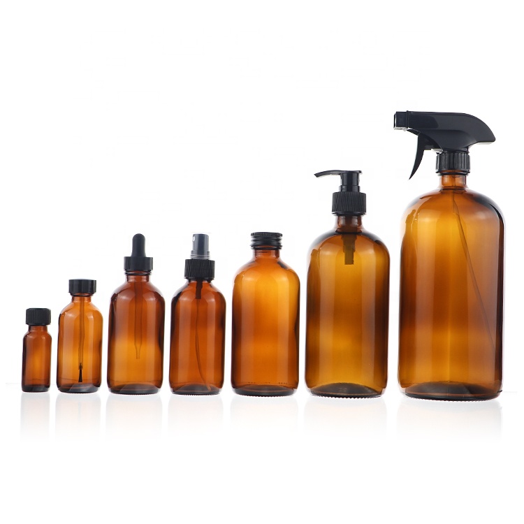 1_2 1 2 4 8 16.6 Fl Oz Amber Boston Round Body Cosmetic Oil Glass Trigger Spray Bottle For Essential Oils