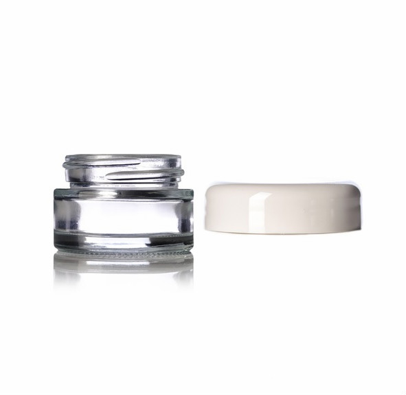 1/2 oz clear glass cylinder low-profile jar with white 40-400 neck finish Lids