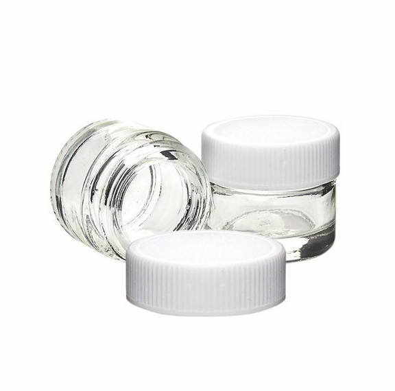 1/2 oz clear glass cylinder low-profile jar with white 40-400 neck finish Lids
