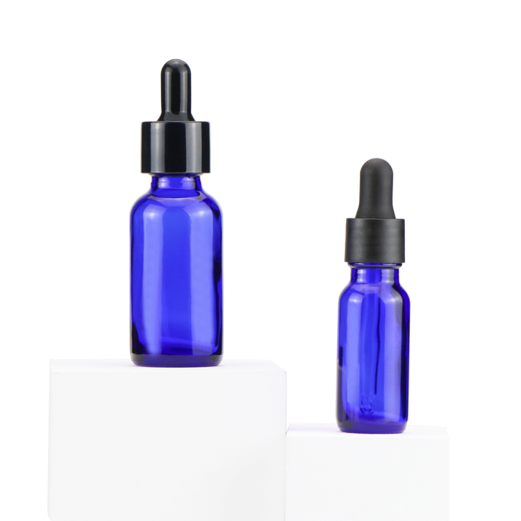 1/2oz 1oz 2oz 4oz flat blue child proof cap essential oil boston round dropper glass bottles with dropper