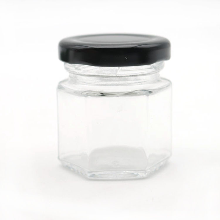 1.5 oz Hexagon Mini Glass Honey Jars with Silver/white tinplate Lid