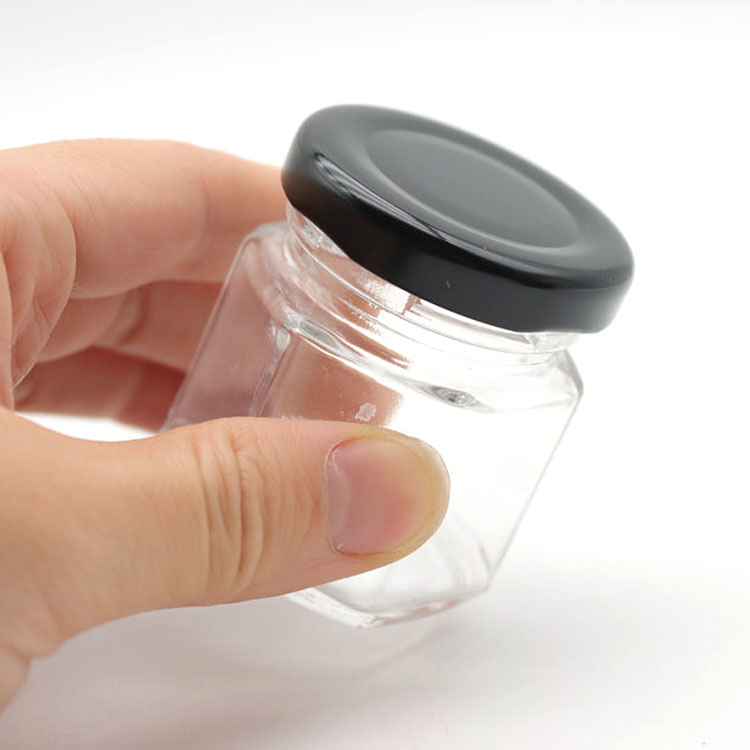 1.5 oz Hexagon Mini Glass Honey Jars with Silver/white tinplate Lid
