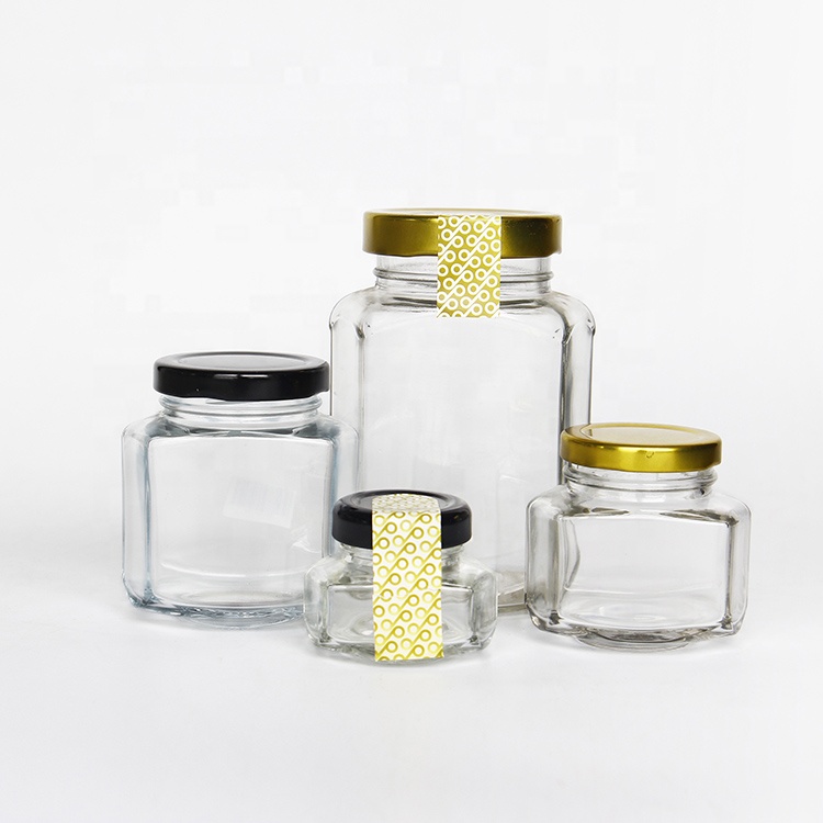 1.5oz 6oz  Clear Oval Hexagon Glass Jar With Metal Lid For Jam Honey Food Storage