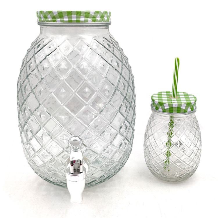 1 Gallon Pineapple Shaped Glass Mason Jar Beverage Dispenser with Spigot