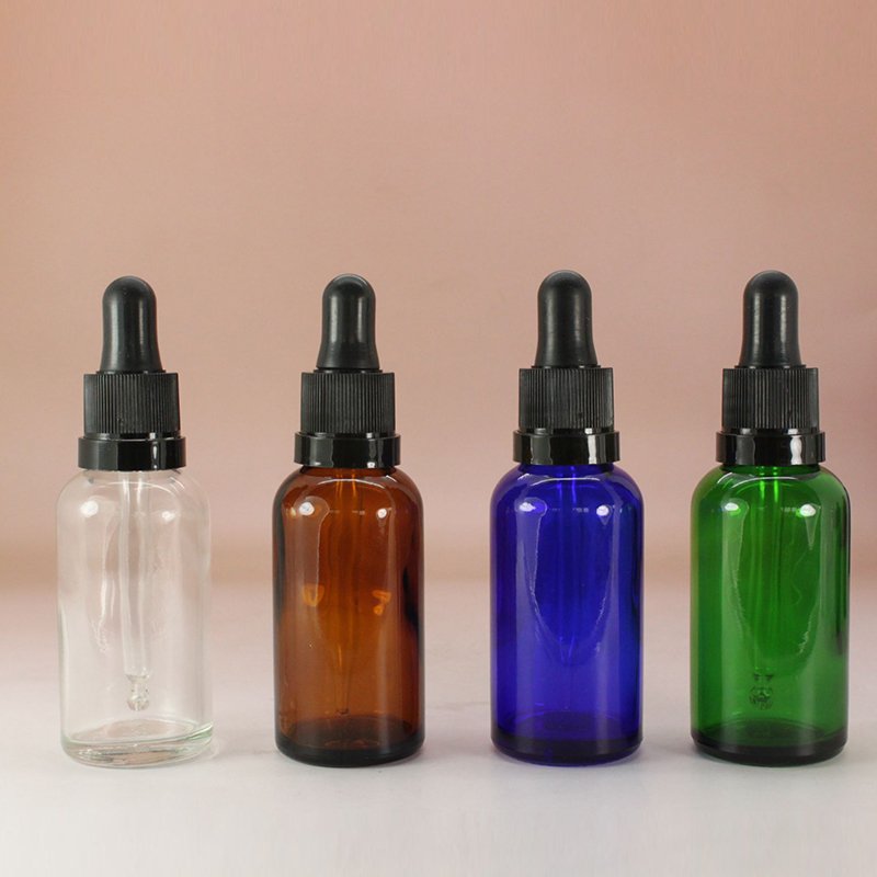 1 Oz 30 Ml Clear green blue Boston Round Glass e liquid Bottle with Child Resistant Glass Dropper