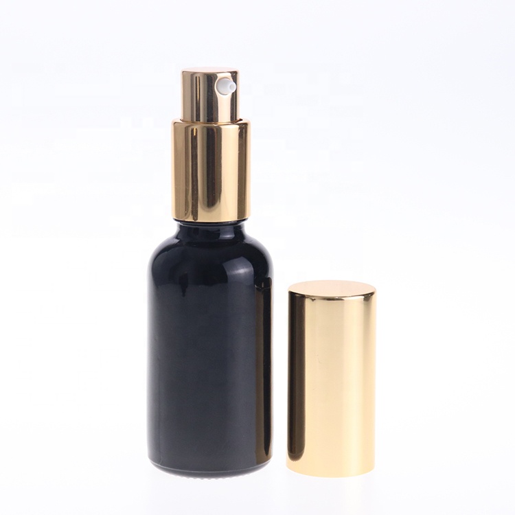 1 Oz FROSTED Boston Round Glass Bottle Black Treatment Pump spray
