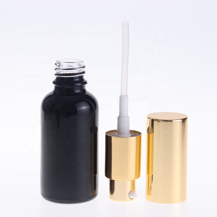 1 Oz FROSTED Boston Round Glass Bottle Black Treatment Pump spray