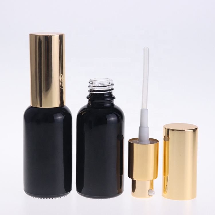 1 Oz FROSTED Boston Round Glass Bottle Black Treatment Pump spray