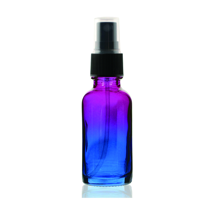 1 Oz Specialty Multi Fade Cosmic Cranberry and Teal blue Boston Round w/ Black Fine Mist Sprayer
