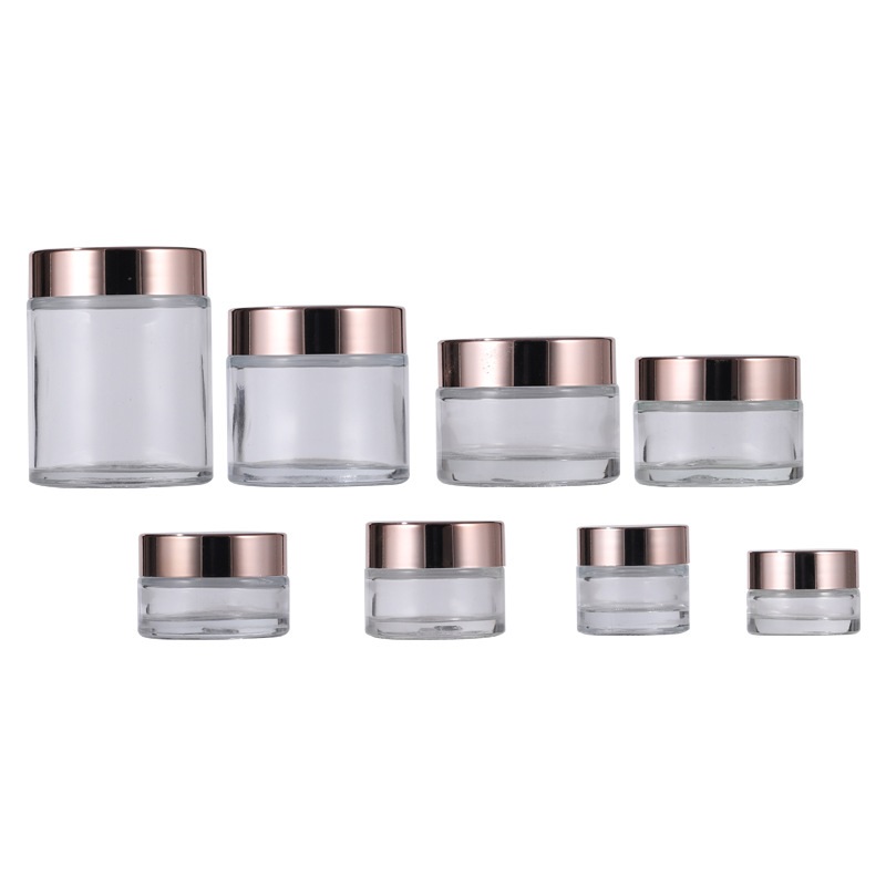 1 oz 2 oz 10ml 20ml 30 ml 50ml 100ml empty cosmetic cream clear frost glass jar with rose gold metal lid