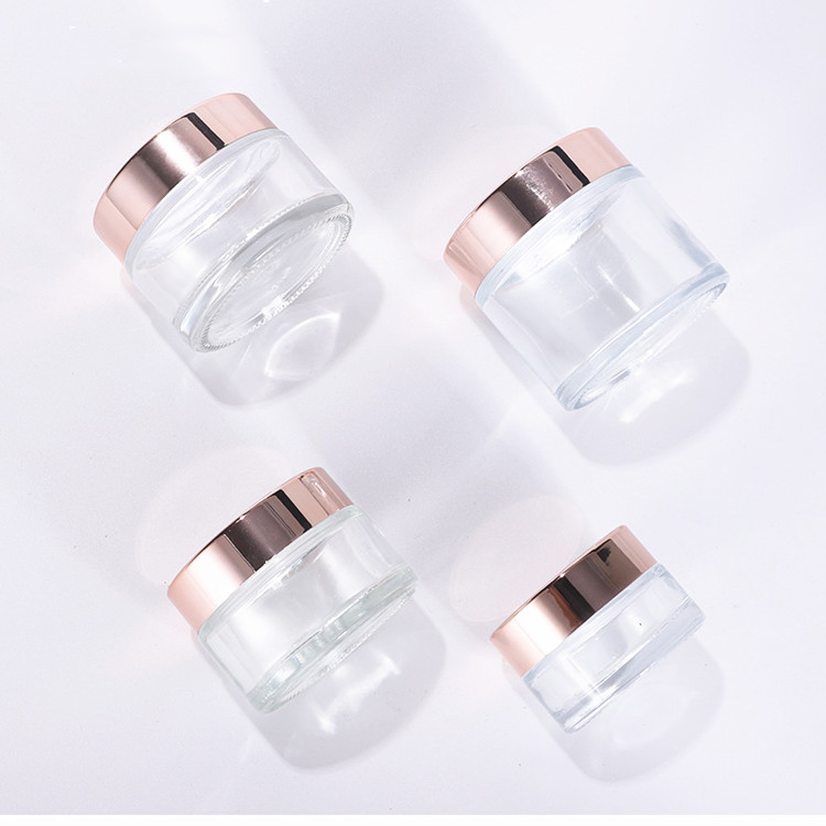 1 oz 2 oz 10ml 20ml 30 ml 50ml 100ml empty cosmetic cream clear frost glass jar with rose gold metal lid