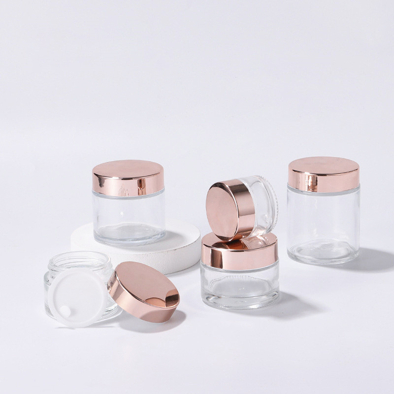 1 oz 2 oz 10ml 20ml 30 ml 50ml 100ml empty cosmetic cream clear frost glass jar with rose gold metal lid