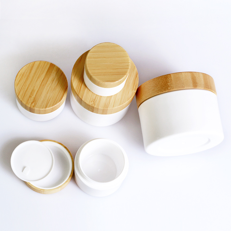 1 oz 2 oz 3 oz 7 oz 8 oz double wall white plastic PET PP jar with bamboo lid customs logo paper packaging