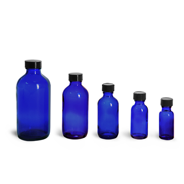 1 oz Cobalt Blue Boston Round Glass Bottle with Black Atomizer Perfect for Essential Oil Formulas