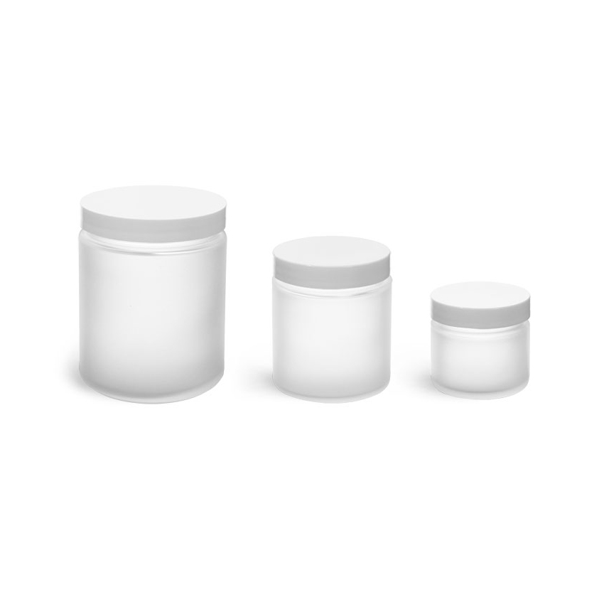 1 oz Cosmetic Frosted Glass Straight Sided jar with Smooth White Lined Caps frosted jars glass
