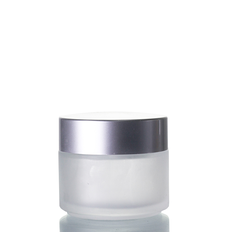 1 oz Glass Frosted Cream Jar with white Insert and Matte Silver Lid