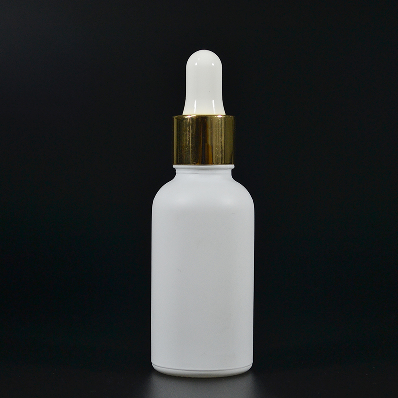 1 oz Matt White Glass Boston Round Bottle with Gold Metal and Glass Dropper