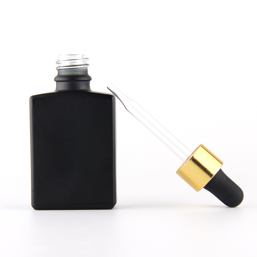 1 oz ejuice cosmetic rectangular frosted matte black glass bottle with glass pipette