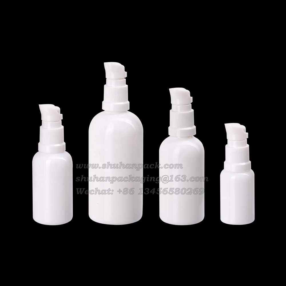 1 oz empty face cream bottle 30ml opal white glass cosmetic bottles 30 ml with white plastic serum pump