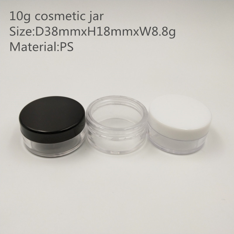 10 Gram Empty Plastic Cosmetic Containers, Clear Round Sample Pot Jar Screw Black Cap Lid, For eyeshadow