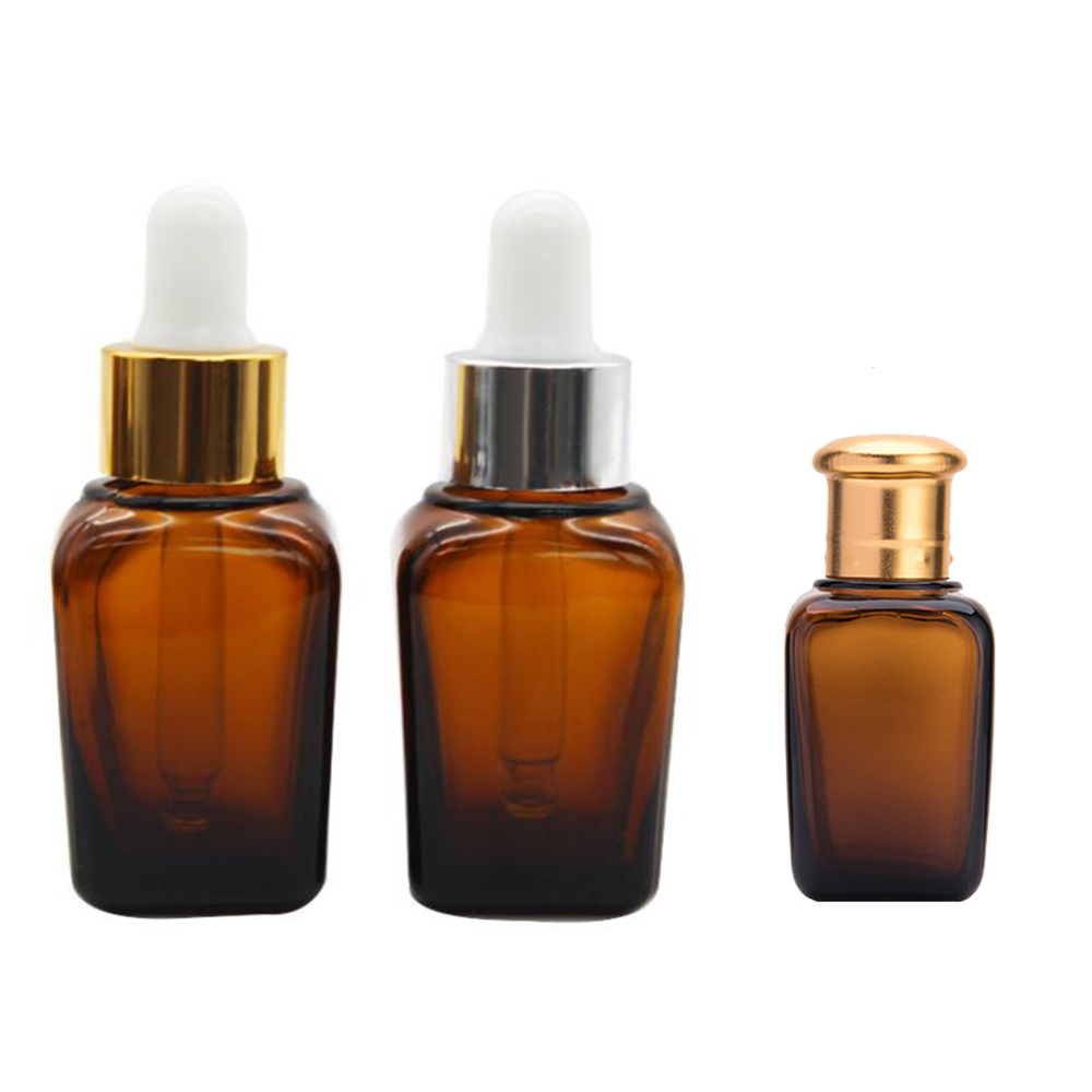 10 Ml 15Ml 30 Ml 50Ml Cosmetic Rectangular Amber Brown Square Glass Bottle With Aluminium Gold Dropper