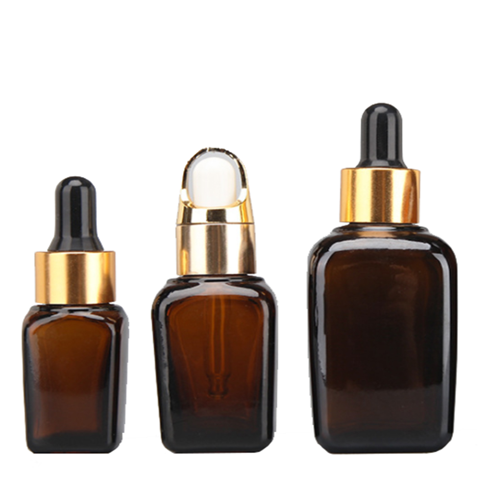 10 Ml 15Ml 30 Ml 50Ml Cosmetic Rectangular Amber Brown Square Glass Bottle With Aluminium Gold Dropper