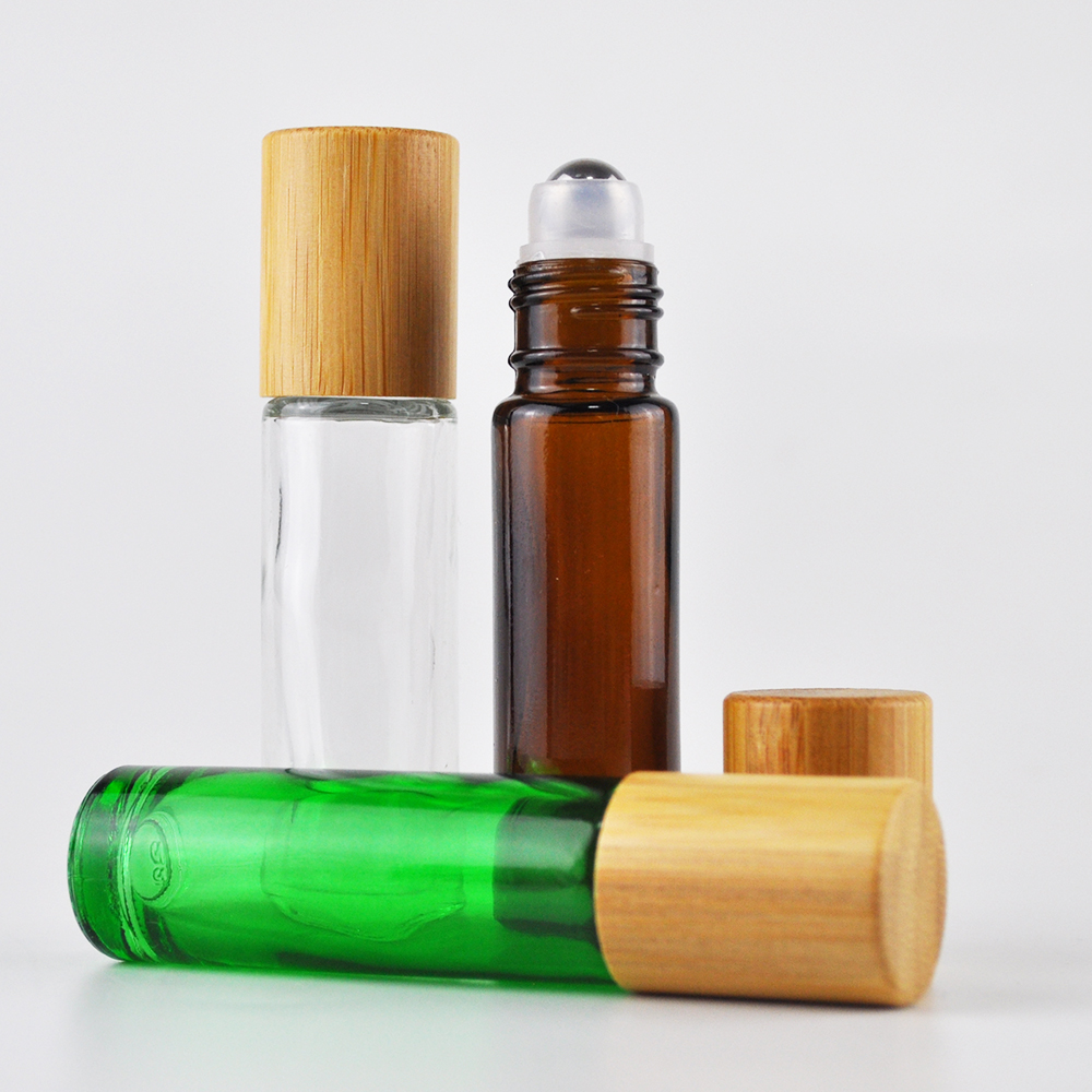10 ml amber clear roller oil bottles with bamboo lids