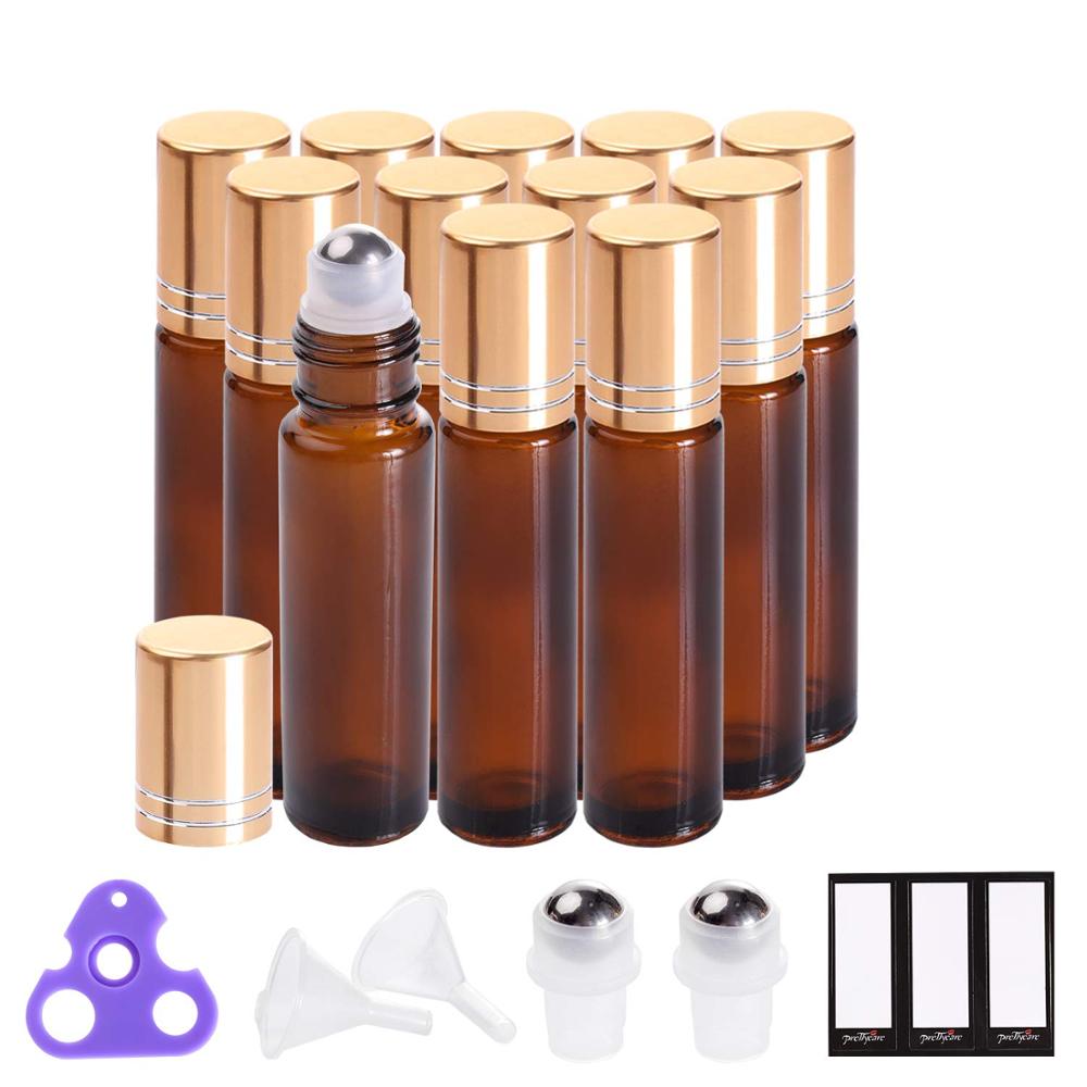 10 ml amber glass bottle roll on perfume bottle essential oil bottle with glass roller and gold cap