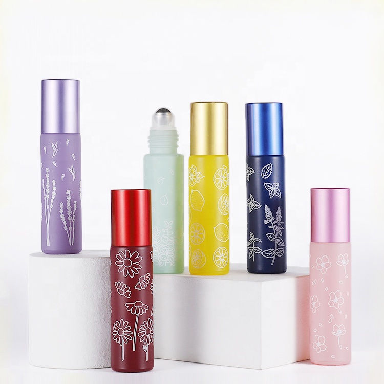 10 ml high quality  refillable frosted flower printing green orange black lip oil container roll on glass bottle