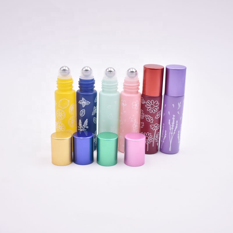 10 ml high quality refillable frosted flower printing green orange black lip oil container roll on glass bottle