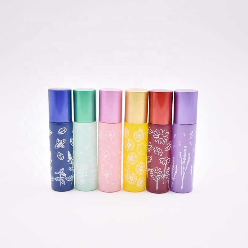 10 ml high quality refillable frosted flower printing green orange black lip oil container roll on glass bottle