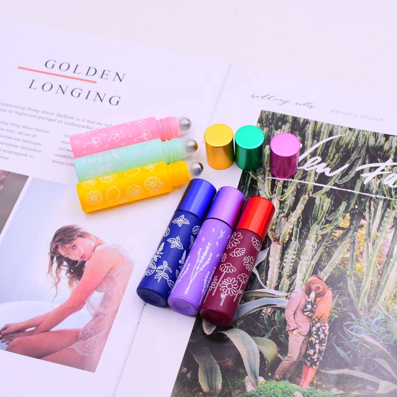 10 ml high quality refillable frosted flower printing green orange black lip oil container roll on glass bottle