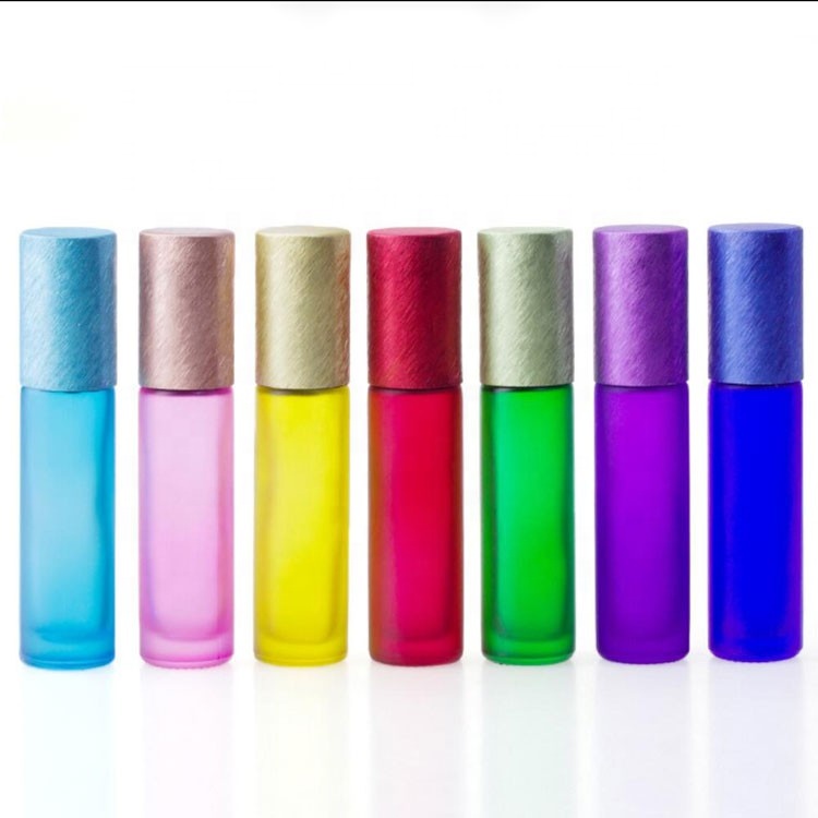 10 ml high quality refillable frosted flower printing green orange black lip oil container roll on glass bottle