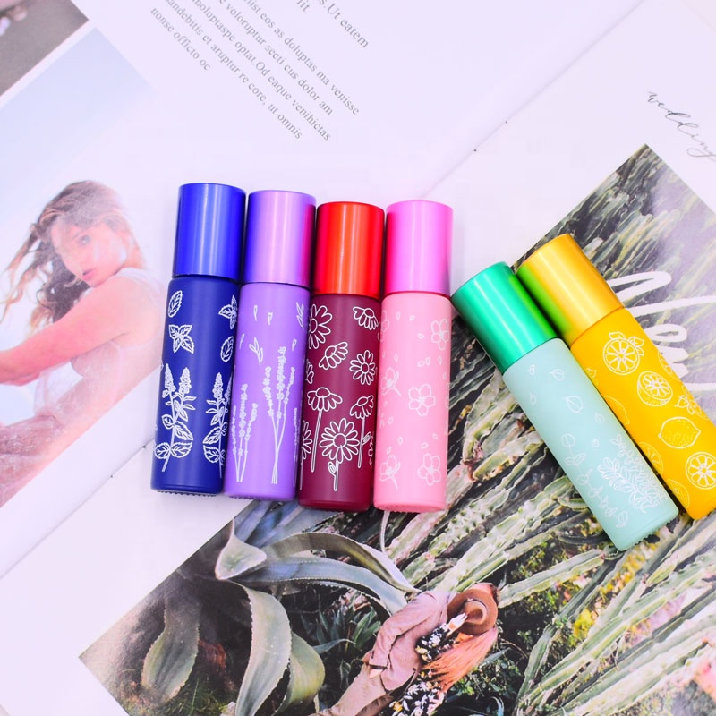 10 ml high quality refillable frosted flower printing green orange black lip oil container roll on glass bottle