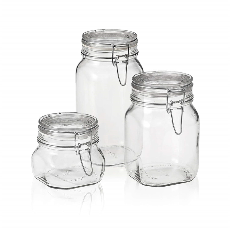 10 oz square empty glass jar with metal clip lid for jam spice