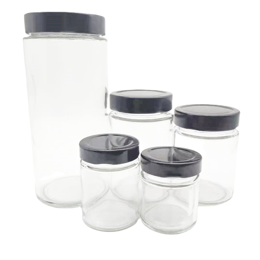 100/140/290/340/950 ml Cylindrical glass storage bottle jars with metal lids