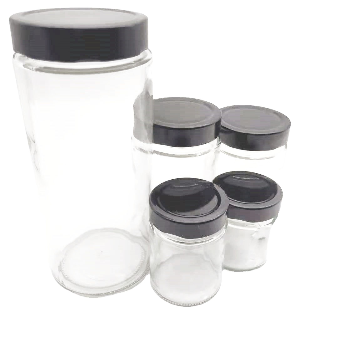 100/140/290/340/950 ml Cylindrical glass storage bottle jars with metal lids