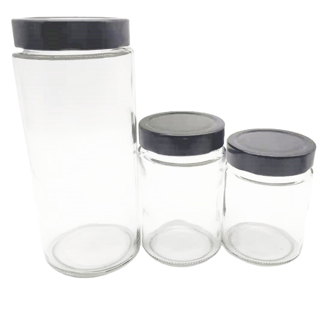 100/140/290/340/950 ml Cylindrical glass storage bottle jars with metal lids