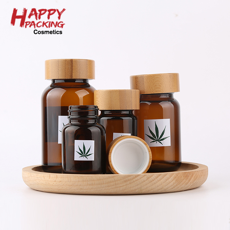 100 Cc 150 Cc 200 Cc Amber Wide Mouth Tablet Pill Glass Bottle With Bamboo Lid