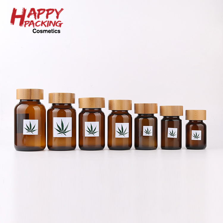 100 Cc 150 Cc 200 Cc Amber Wide Mouth Tablet Pill Glass Bottle With Bamboo Lid