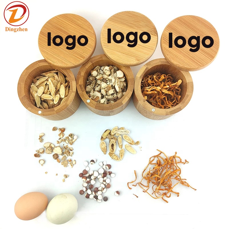 100% Organic Bamboo Custom Logo Round Cylinder Box Wooden Bamboo Salt Storage Container