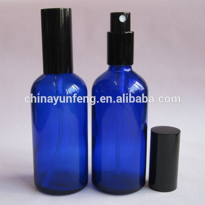 100 ml boston round blue glass spray bottle