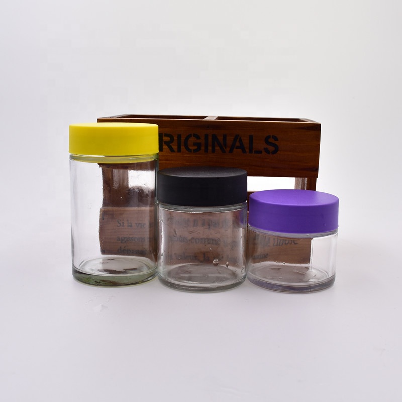 100 ml clear round straight side food storage snacks scented tea glass jar with plastic child proof lid.