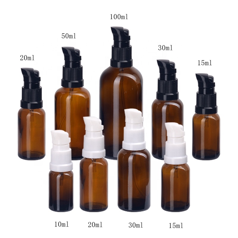 100 ml empty brown glass amber color cosmetic bottles 100ml glass bottle with 18/415 plastic lotion pump dispenser for cream