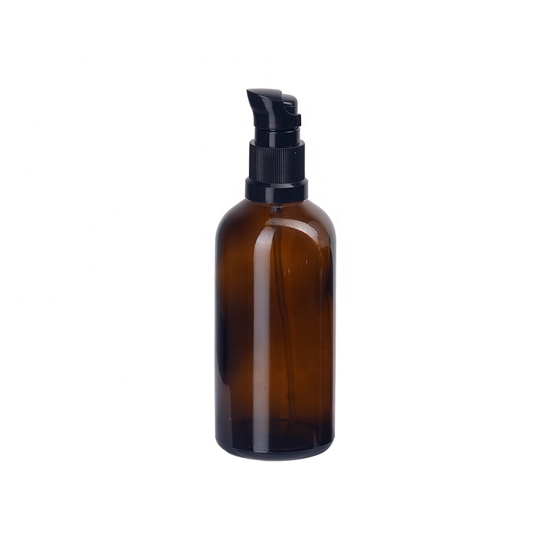 100 ml empty brown glass amber color cosmetic bottles 100ml glass bottle with 18/415 plastic lotion pump dispenser for cream
