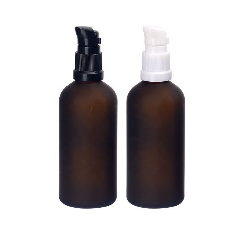 100 ml frosted brown glass cosmetic bottles empty amber glass serum bottle with 18/415 plastic lotion pump